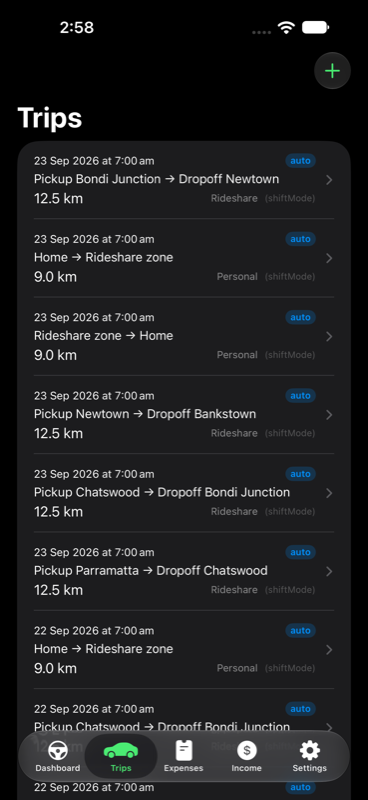 Trips list showing automatically classified business and personal trips with distances.