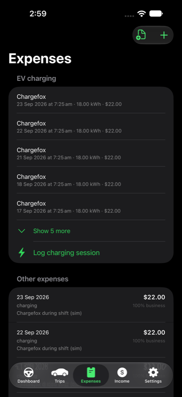 Expenses screen listing EV charging sessions with kWh and cost per session.