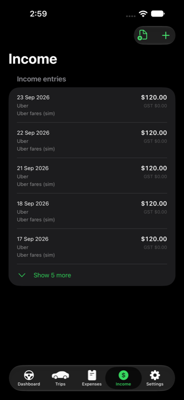 Income screen listing daily fares with GST broken out per entry.